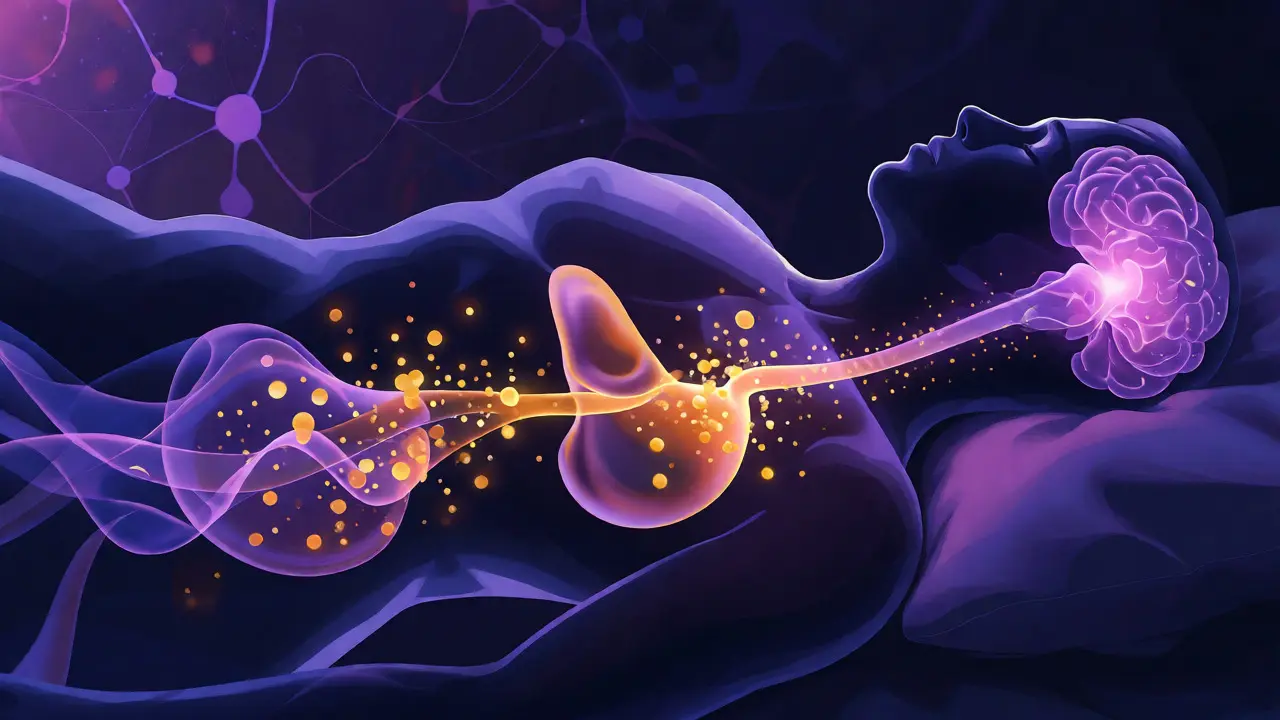 Konceptuální ilustrace metabolismu konopných látek v těle během spánku.