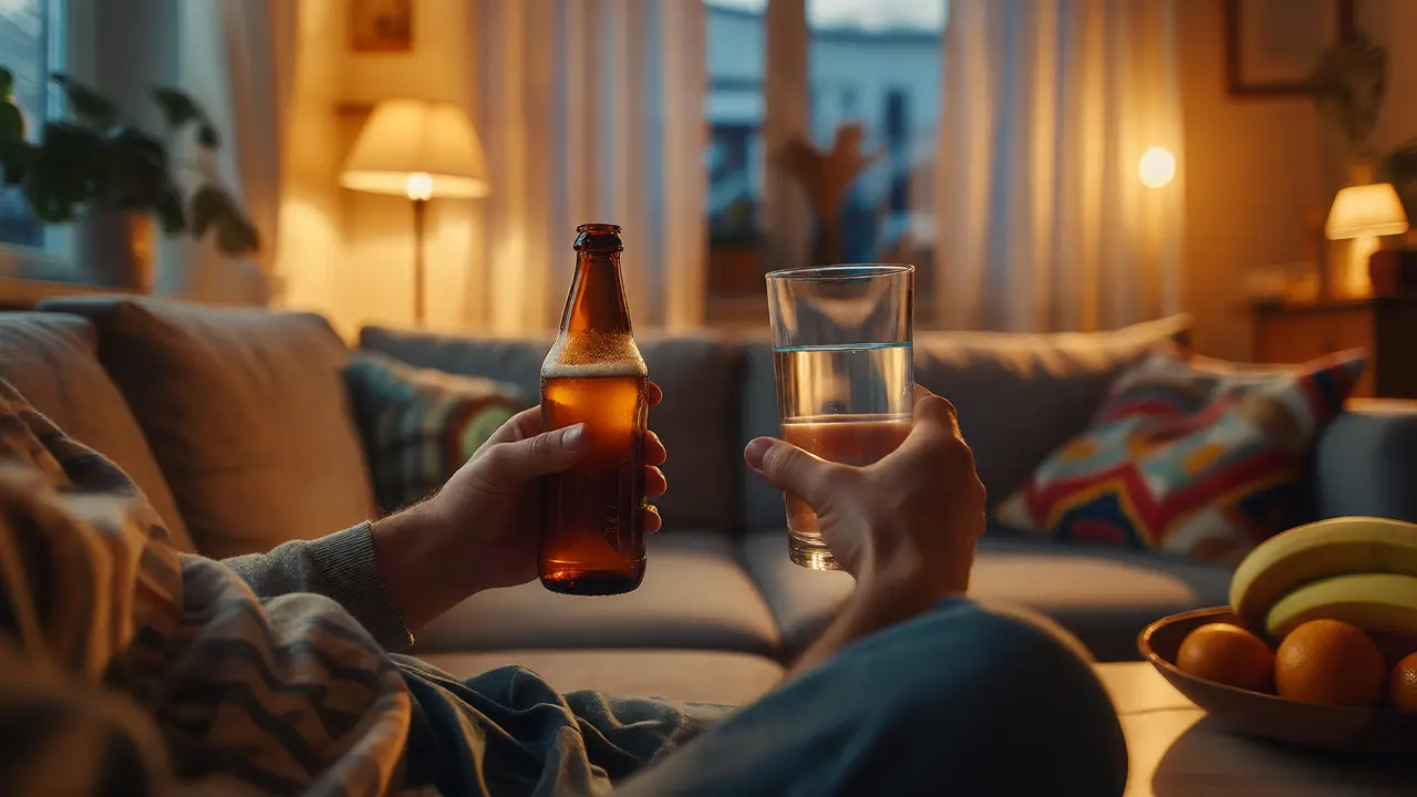 Osoba držící pivo a vodu v obýváku při relaxaci