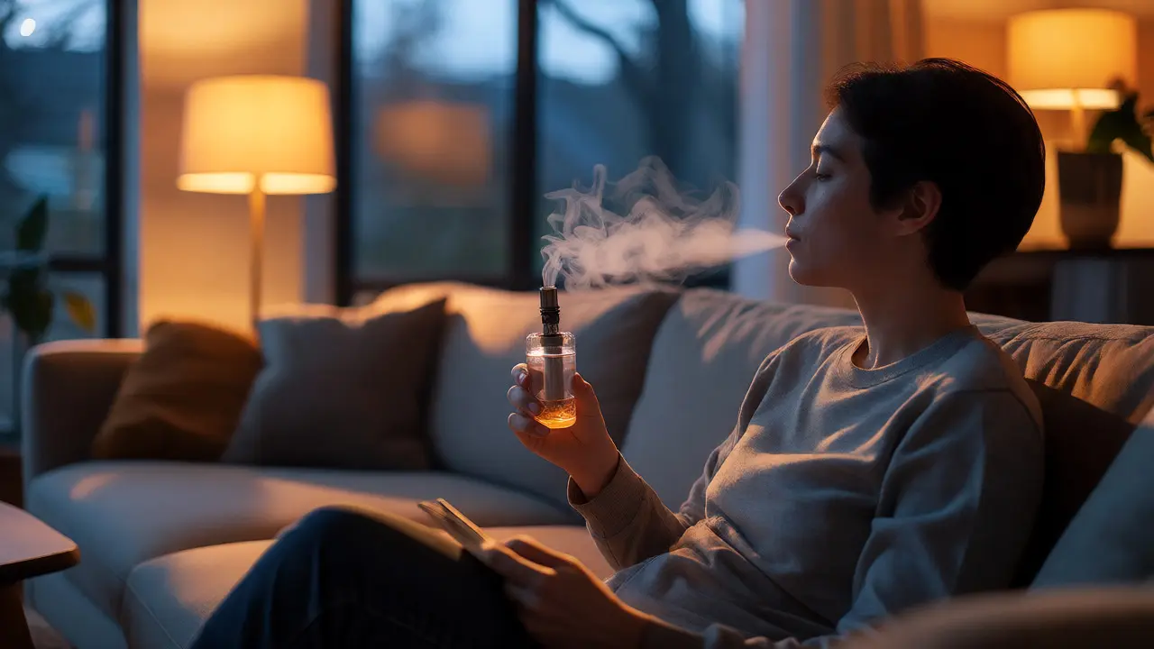 Osoba relaxující s vapem v obývacím pokoji za soumraku
