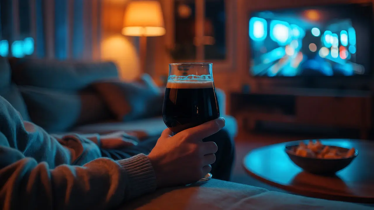 Osoba relaxujúca na gauči večer, držiaca sklenicu tmavého stoutu pri modrom svetle TV.