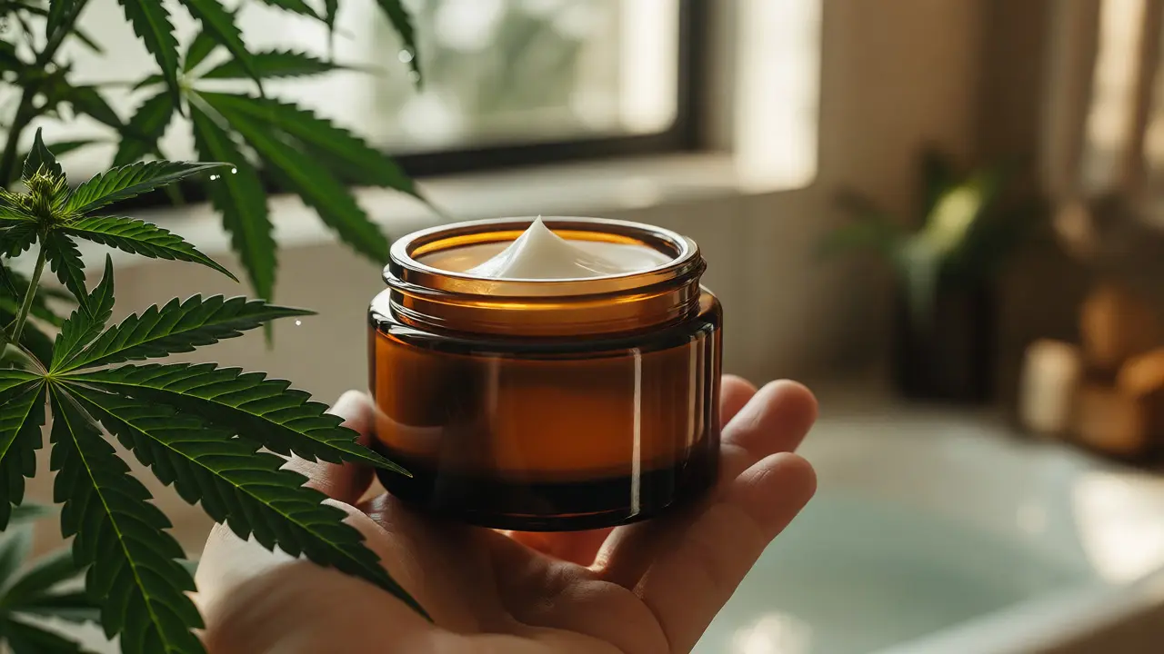 Premium skleněný kelímek s CBD krémem a čerstvými konopnými listy