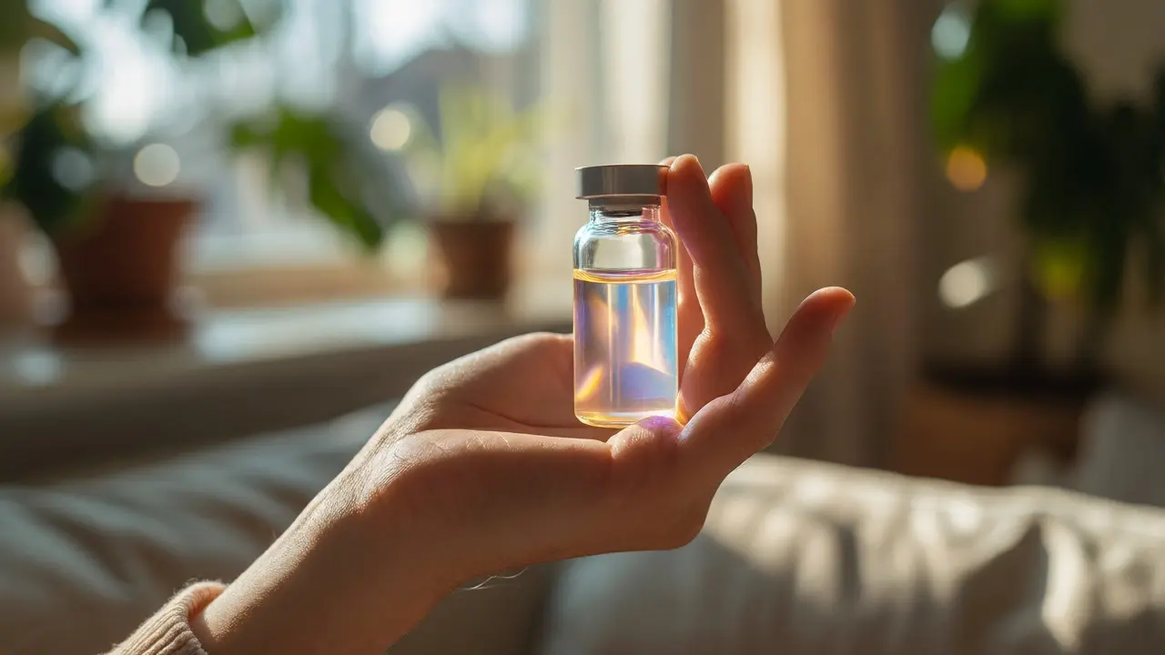Ruka držící průhlednou lahvičku s liposomálním CBD ve světle