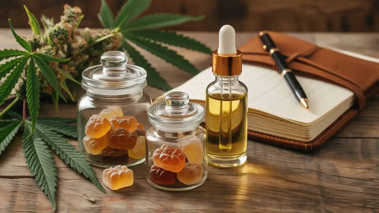 Sada kvalitních CBD produktů na dřevěném stole s deníkem