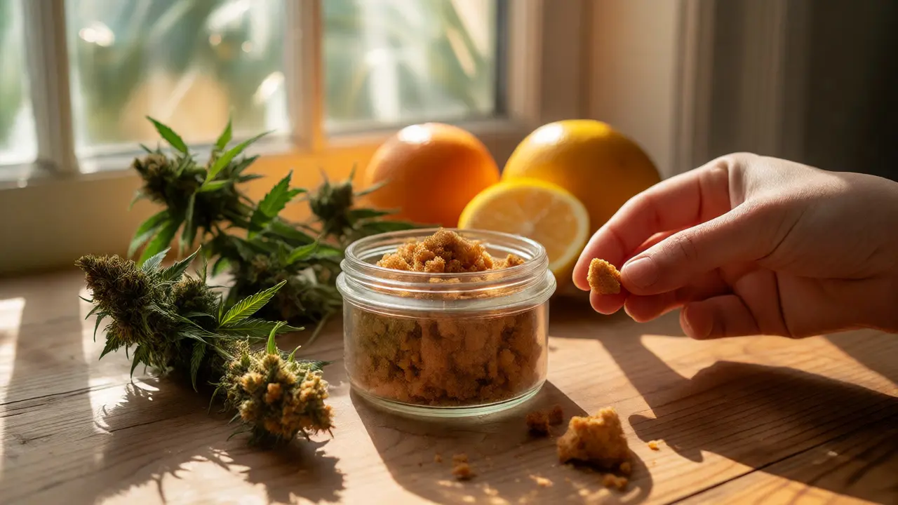Sklenice s CBD crumble vedle čerstvých květů a citrusů na stole