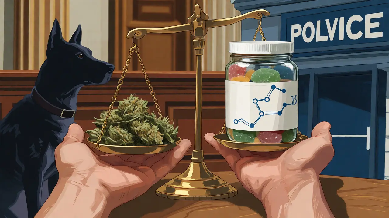 Symbolické vyvážení mezi sušeným konopím a legálními gummies v právní šedé zóně.