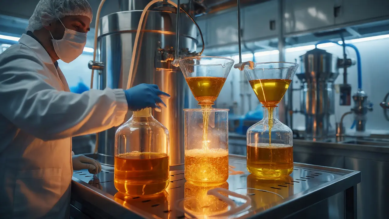 Vědec v laboratoři zpracovává konopný extrakt do čisté formy